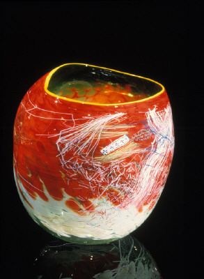 Artist: Dale Chihuly, Title: Mottled Green and Red Soft Cylinder with Yellow Lip Wraps, 1993 Photography: Scott M.Leen - click for larger image