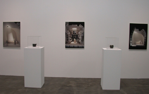 Artist: George Ohr, Title: Installation view of George E. Ohr: Mad Potter of Biloxi and Frank Gehry: Ohr-O'Keefe Museum exhibition at the Frank Lloyd Gallery in 2003. - click for larger image