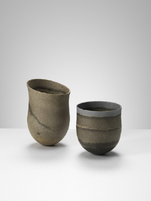 Artist: Jennifer Lee, Title: From left to right: (1)Sand-grained, haloed olive traces, tilted, (2)Dark, haloed traces, blue rim (Sold) - click for larger image