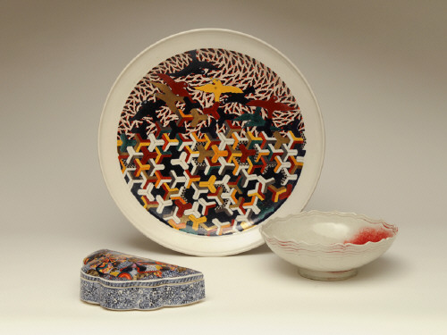 Artist: Ralph Bacerra, Title: Clockwise from top: Untitled Platter, Untitled Bowl, Untitled Lidded Box - click for larger image