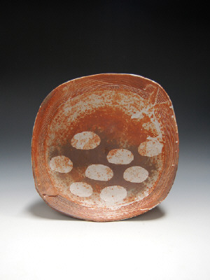 Artist: Robert Brady, Title: Bowl, large square rust with white ovals - click for larger image